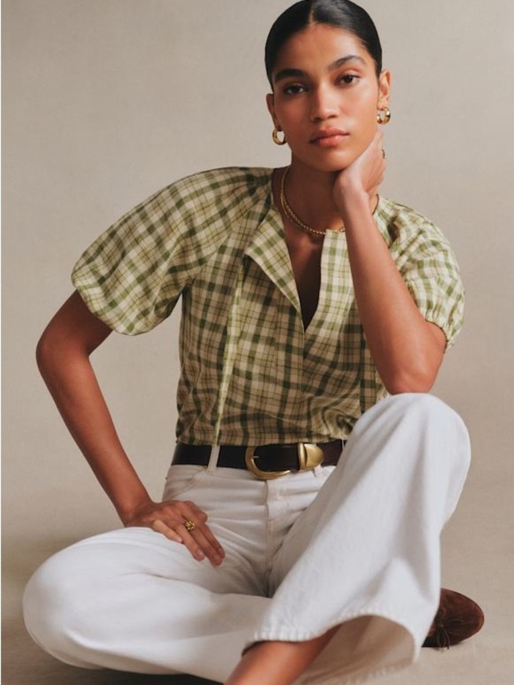 Sezane Florica Olive and Cream Plaid Short-Sleeve Tie-Front Blouse Size 38